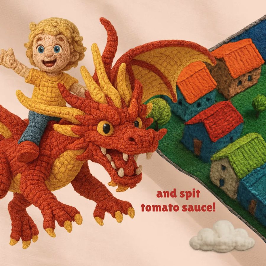 An open page from The Tomato Sauce Dragon, the felt dragon flying over a felt village