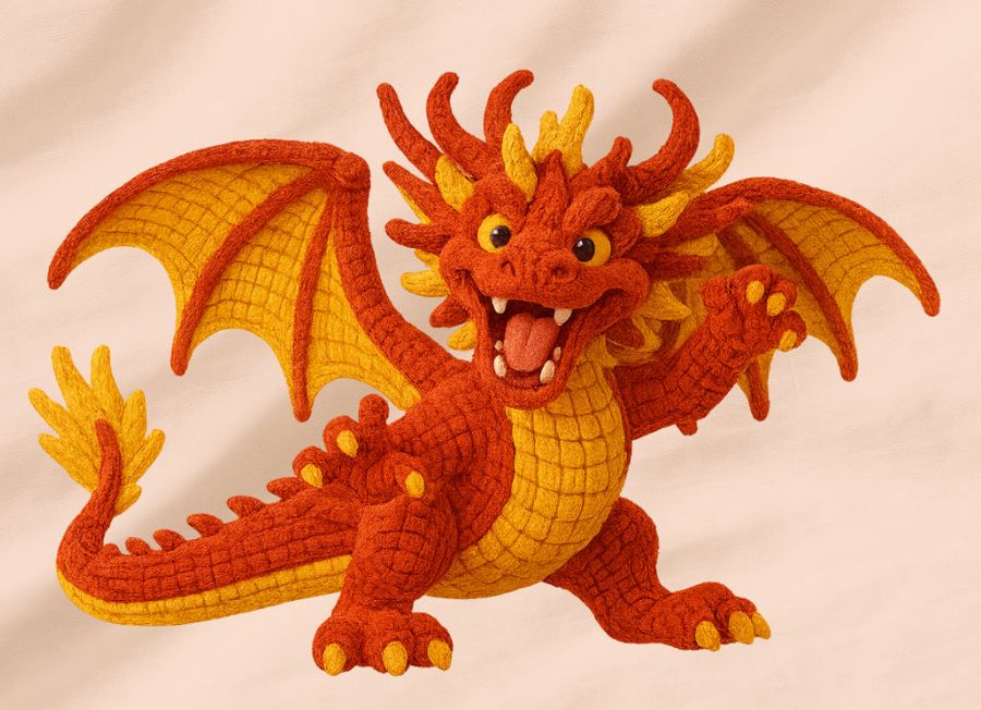 The felt tomato sauce dragon mid-flight