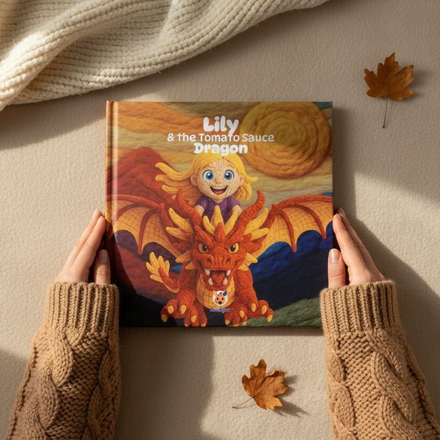 Hands holding a printed hardcover of Lily and the Tomato Sauce Dragon