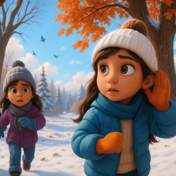 Two illustrated children walking through a snowy storybook forest