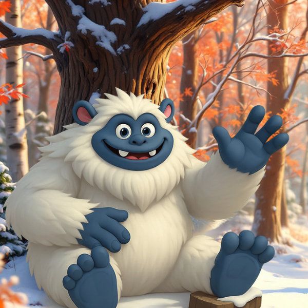 A friendly blue-and-white monster waving in an autumn forest