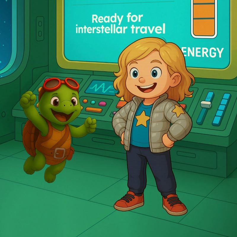 A girl and her turtle co-pilot at the spaceship controls