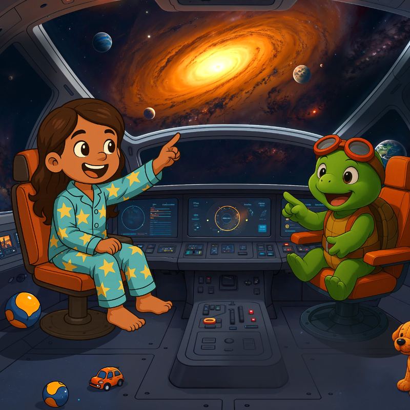 A Veggie Big Adventure, children gazing at a galaxy from their spaceship