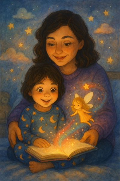 A watercolour illustration of a parent and child reading a glowing storybook under the stars